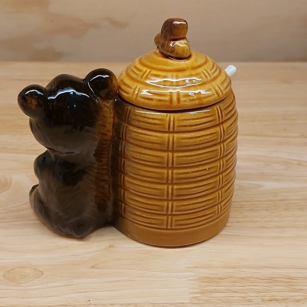 Vintage Japanese Teddy bear lidded honey🍯 jar w spoon